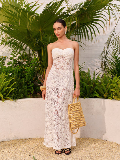 Şeffaf Jakarlı Dantel Panelli Straplez Elbise
