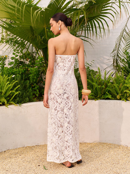 Şeffaf Jakarlı Dantel Panelli Straplez Elbise