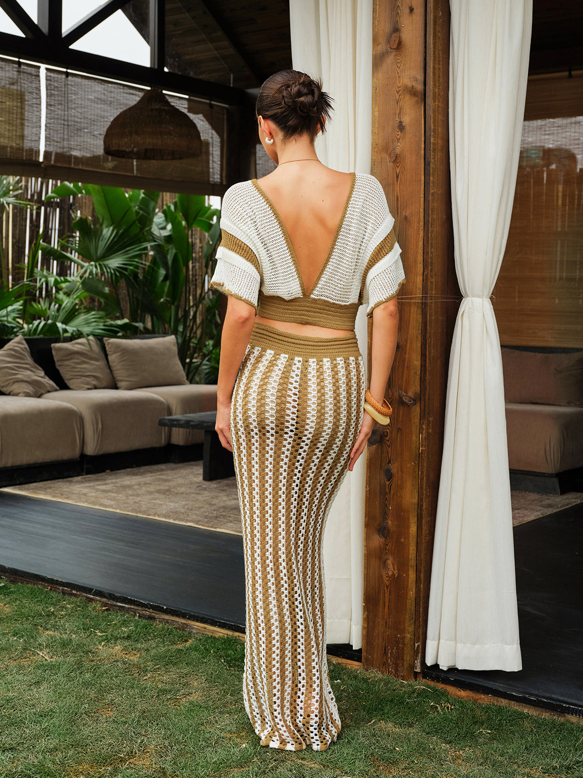 Püsküllü Bağcık Bel Detaylı Örgü Çizgili Etek Takımı