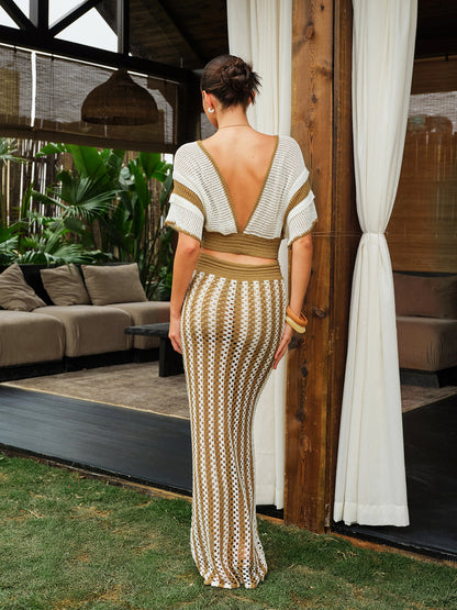 Püsküllü Bağcık Bel Detaylı Örgü Çizgili Etek Takımı