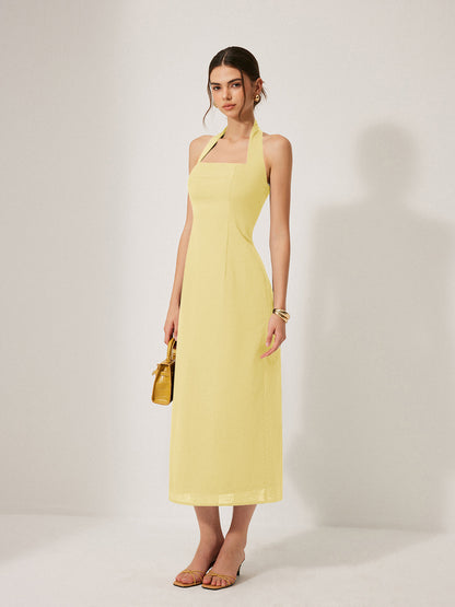 Pamuk ve Keten Karışımı Halter Sırt Dekolteli Yırtmaçlı Elbise