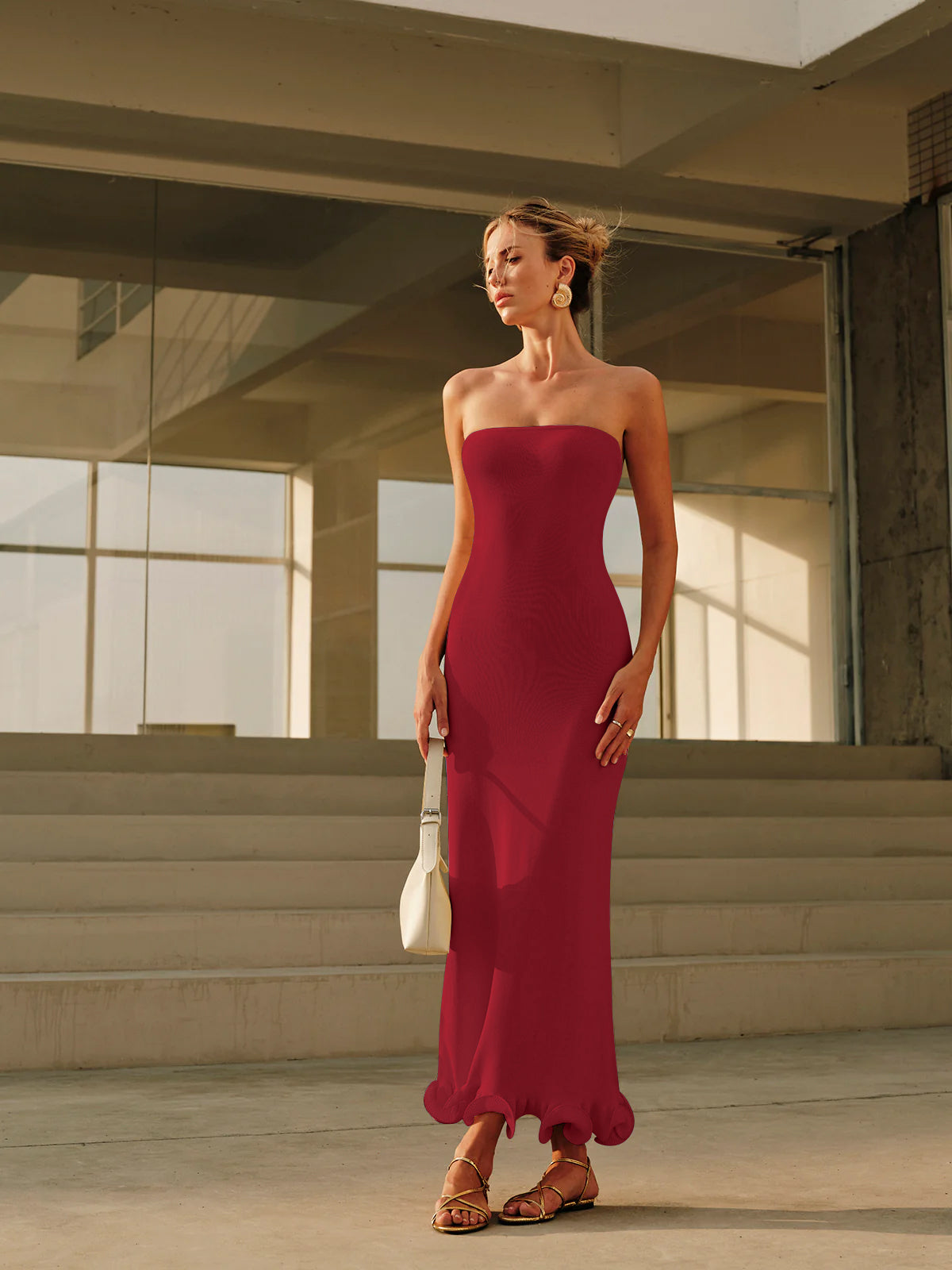 Omuz Dekolteli Fırfırlı Triko Elbise