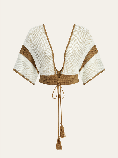 Püsküllü Bağcık Bel Detaylı Örgü Çizgili Etek Takımı