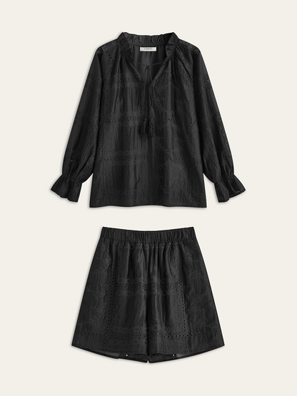 Nakış Detaylı Uzun Kollu Şort Takım