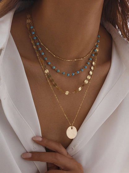 Altın Tonlu Katmanlı Kolye Boncuk ve YUvarlak Asma Uçlu