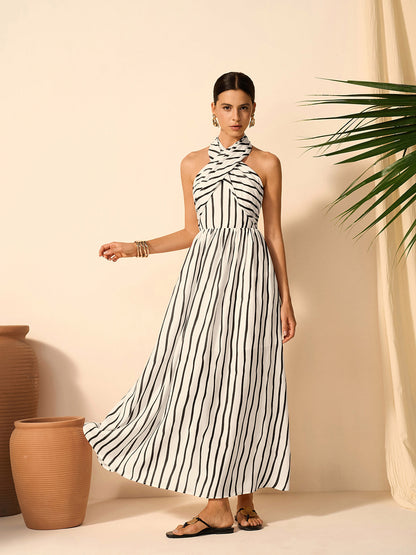 Çizgili Büzgü Detaylı Halter Elbise