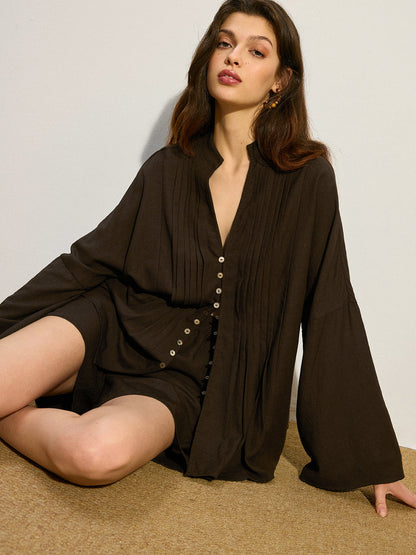 Önü Düğmeli Pli Detaylı Şort Takımı