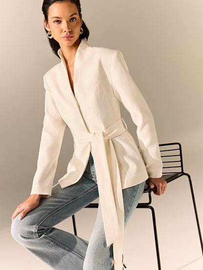 Stand Collar Belted Long Sleeve Blazer