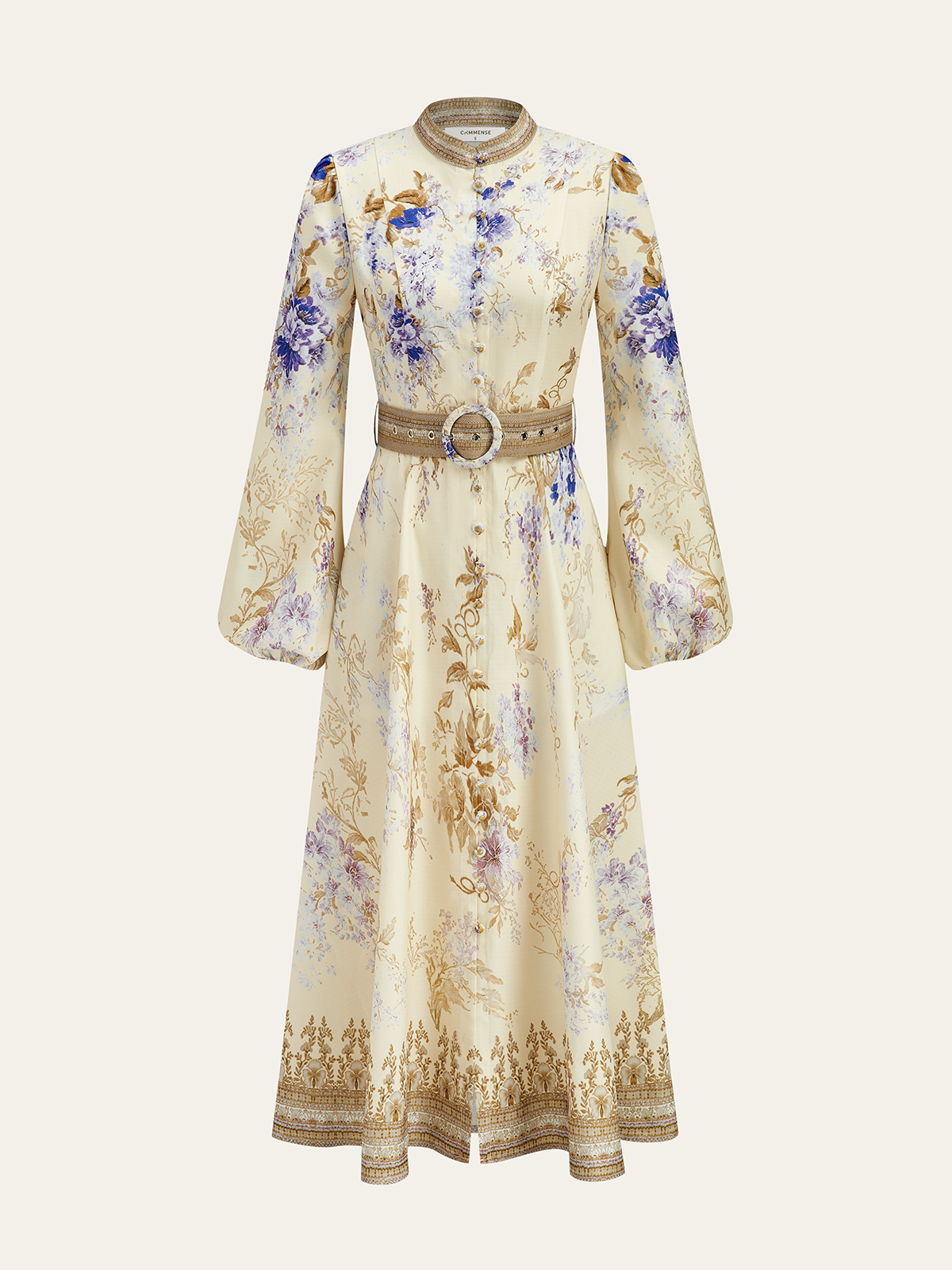 Kuşaklı Balon Kollu Çiçek Desenli Elbise