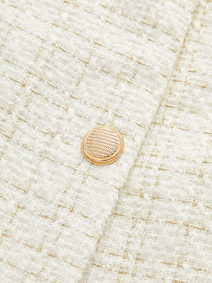 Metal Button Tweed Belted Blazer
