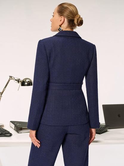 Metal Button Tweed Belted Blazer