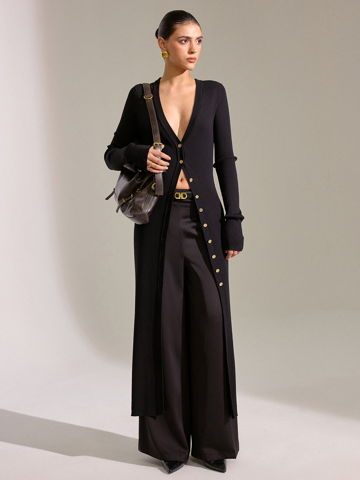 Metal Düğmeli Uzun Triko Hırka Elbise