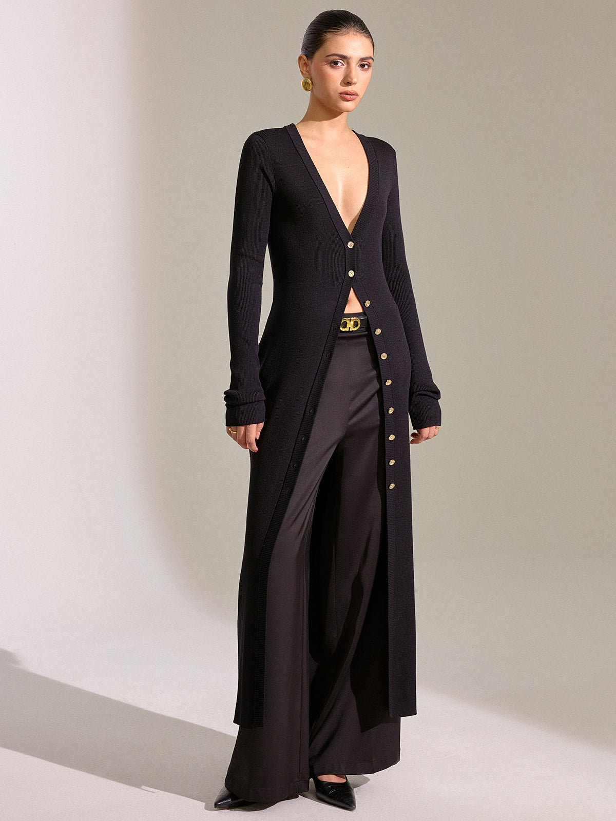 Metal Düğmeli Uzun Triko Hırka Elbise