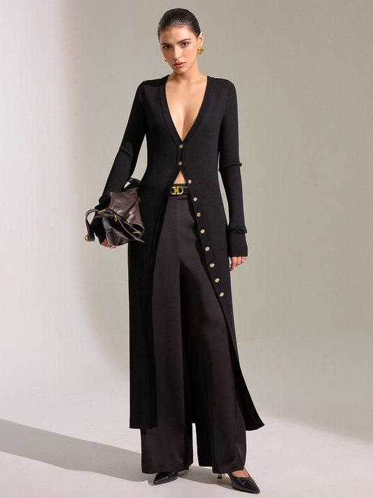 Metal Düğmeli Uzun Triko Hırka Elbise