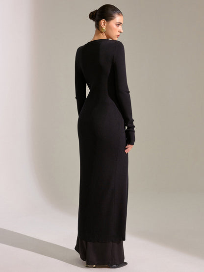 Metal Düğmeli Uzun Triko Hırka Elbise