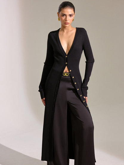 Metal Düğmeli Uzun Triko Hırka Elbise