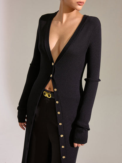 Metal Düğmeli Uzun Triko Hırka Elbise