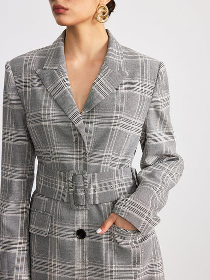 Plaid Cotton Blend Blazer with Wide Belt