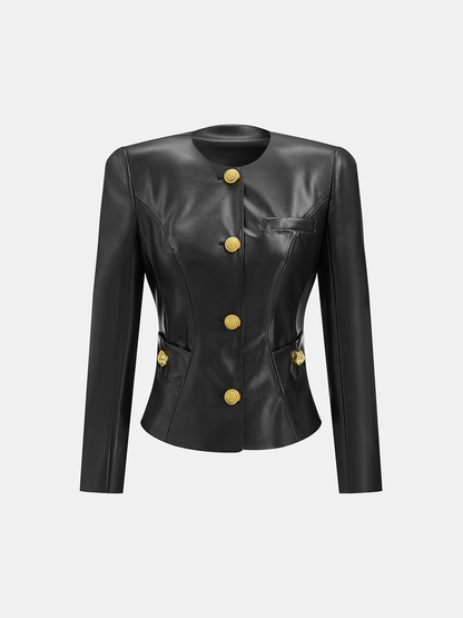 Faux Leather Round Neck Metal Button Fitted Blazer