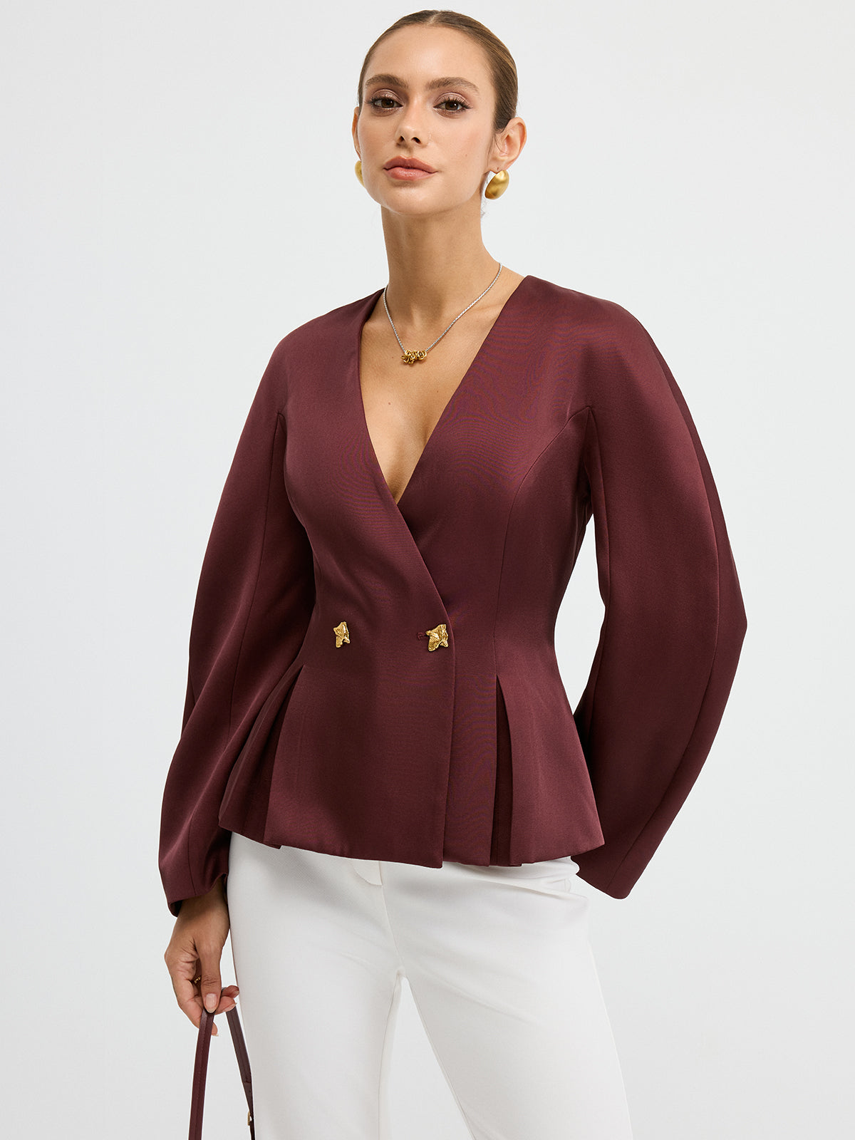 Metal Button Puff Sleeve Peplum Blazer