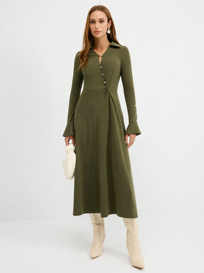 Asimetrik Burgu Detaylı Triko Maxi Elbise