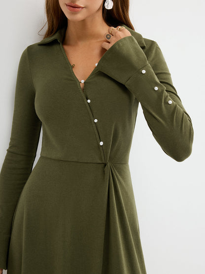 Asimetrik Burgu Detaylı Triko Maxi Elbise