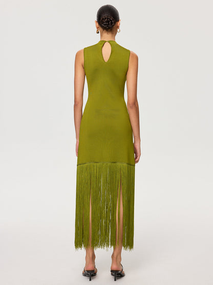 Püskül Detaylı Kolsuz Tencel Maxi Elbise