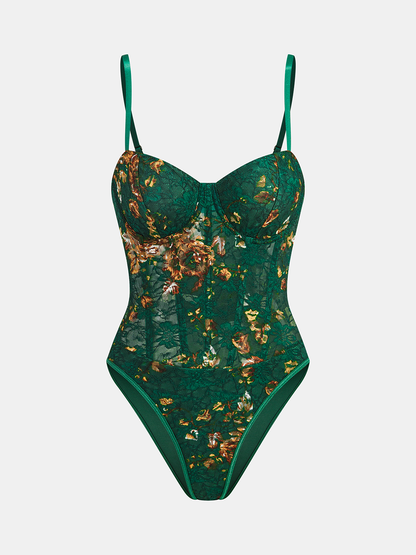 Çiçek Desenli İşlemeli Büstiyer Kostüm Bodysuit