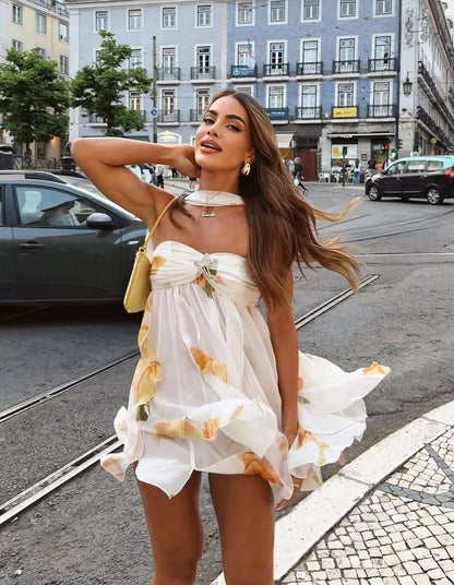 Isabel Halter Yaka Fırfırlı Desenli Mini Elbise