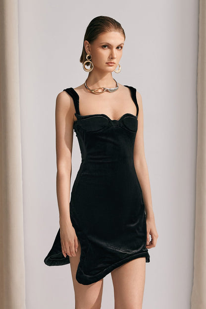 Camille Kalp Yaka Asimetrik Mini Elbise