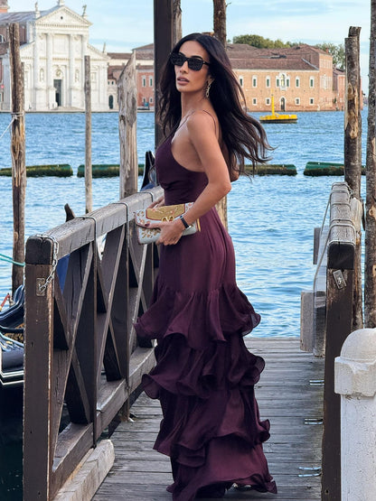 Zarif Bordo Kat Kat Maxi Elbise