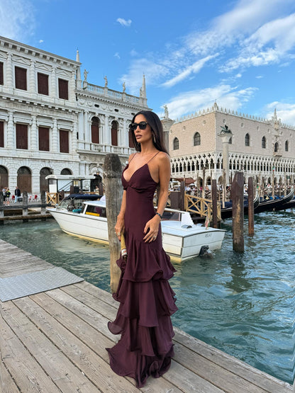 Zarif Bordo Kat Kat Maxi Elbise