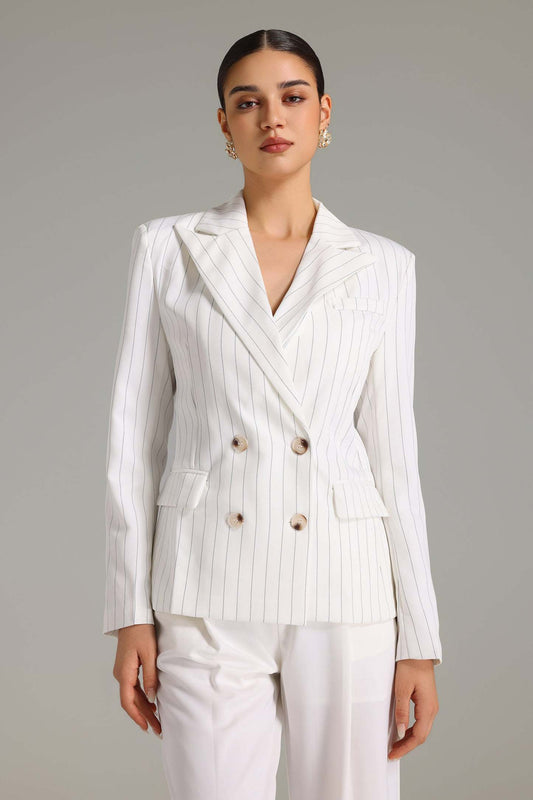 Hazel Çizgili Çift Düğmeli Blazer