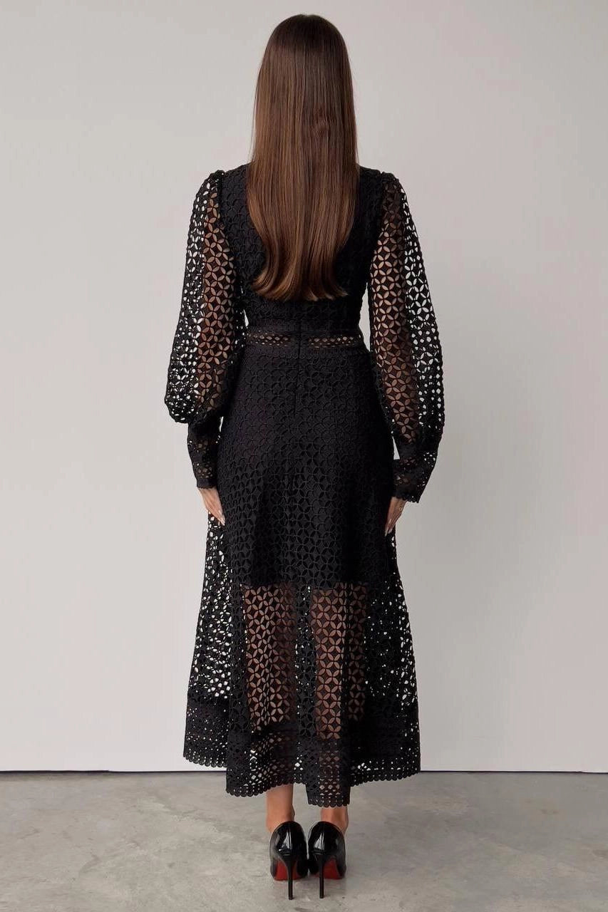 Solid Lace Lantern Midi Elbise