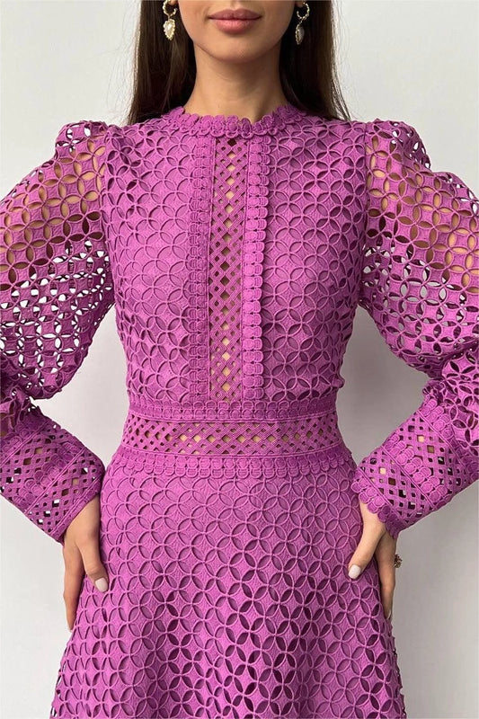 Solid Lace Lantern Midi Elbise