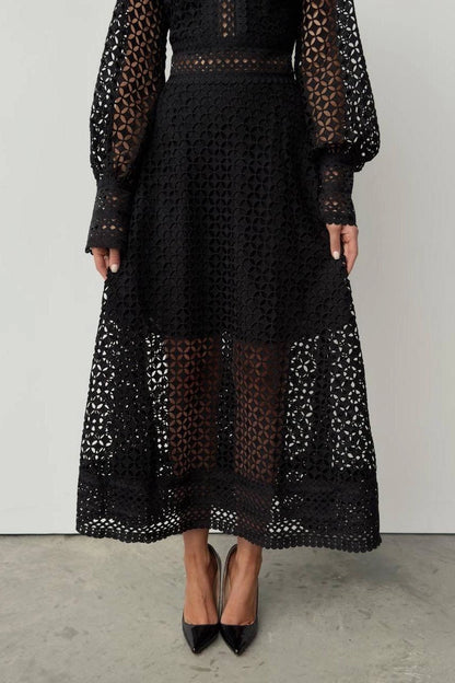 Solid Lace Lantern Midi Elbise