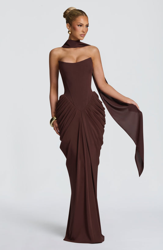 Noura Maxi Elbise – Mürdüm Kahve