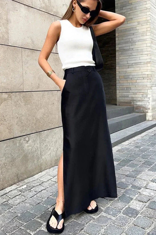 Elora Yüksek Bel Yırtmaçlı Maxi Etek