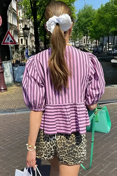 Çizgili Puf Kol Peplum Fiyonklu Bluz