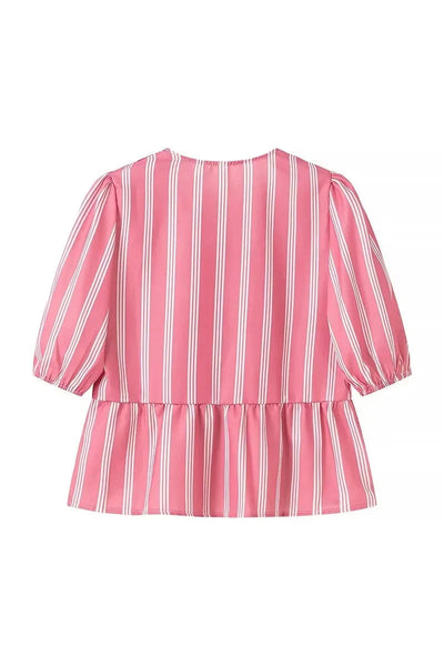 Çizgili Puf Kollu Peplum Papyon Bluz