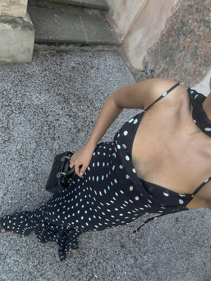 Puantiyeli Fırfırlı Maxi Elbise