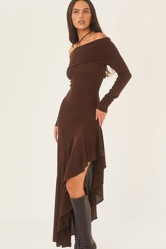 Alisa Açık Omuz Flare Midi Örgü Elbise