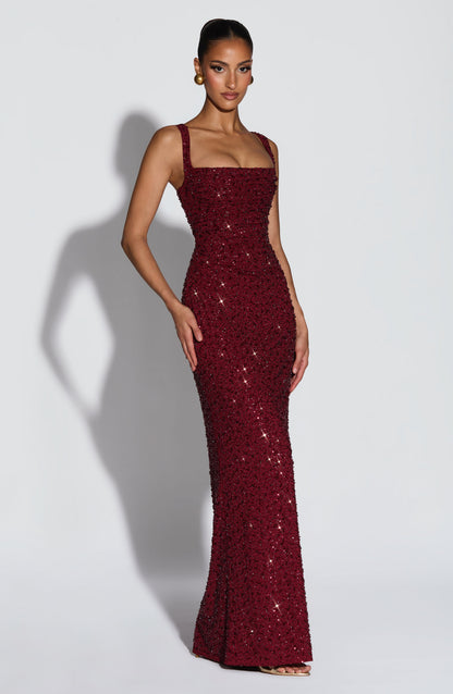 Calanthe Maxi Elbise – Işıltılı Bordo