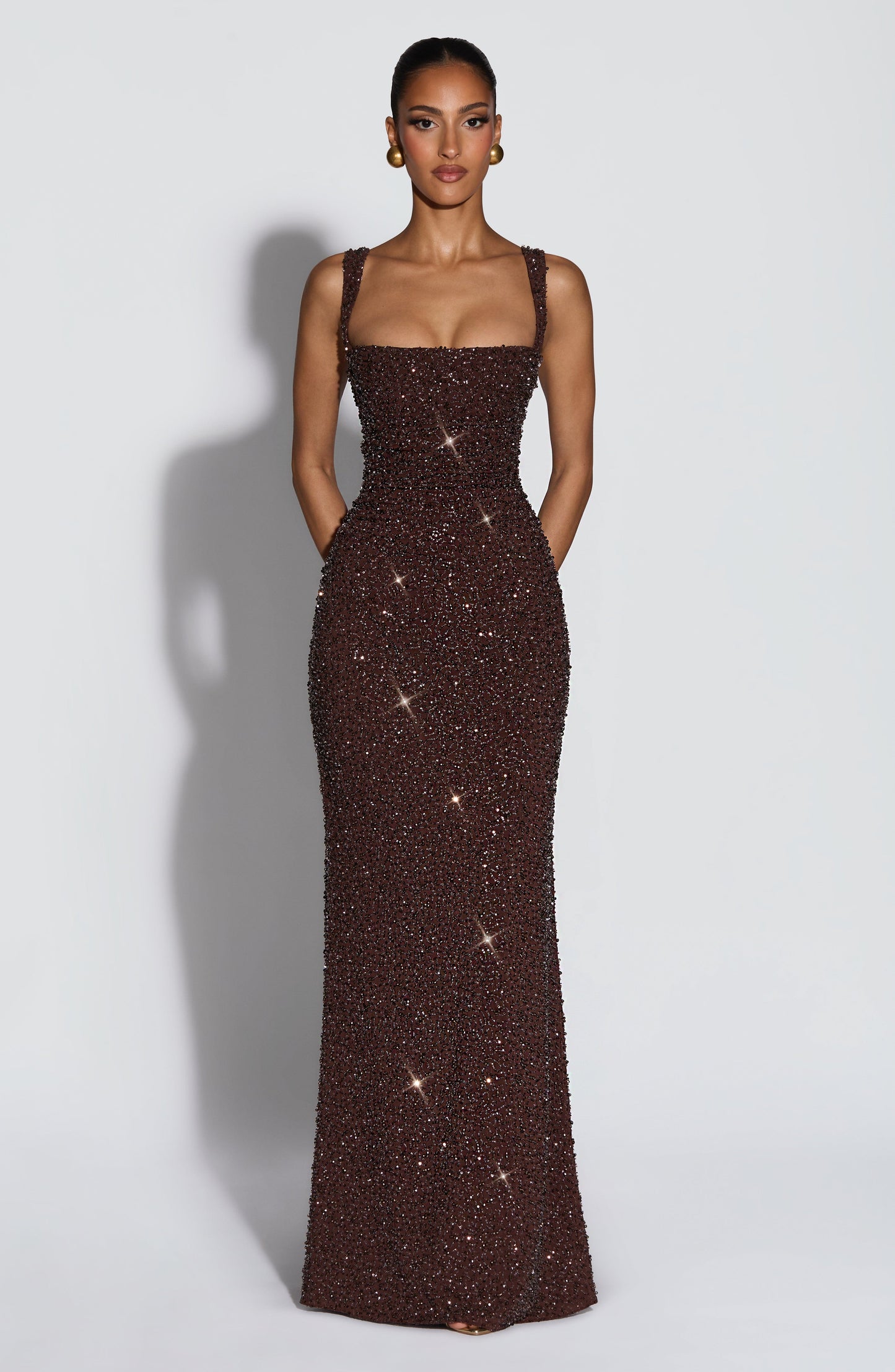 Calanthe Maxi Elbise – Işıltılı Mürdüm Kahve