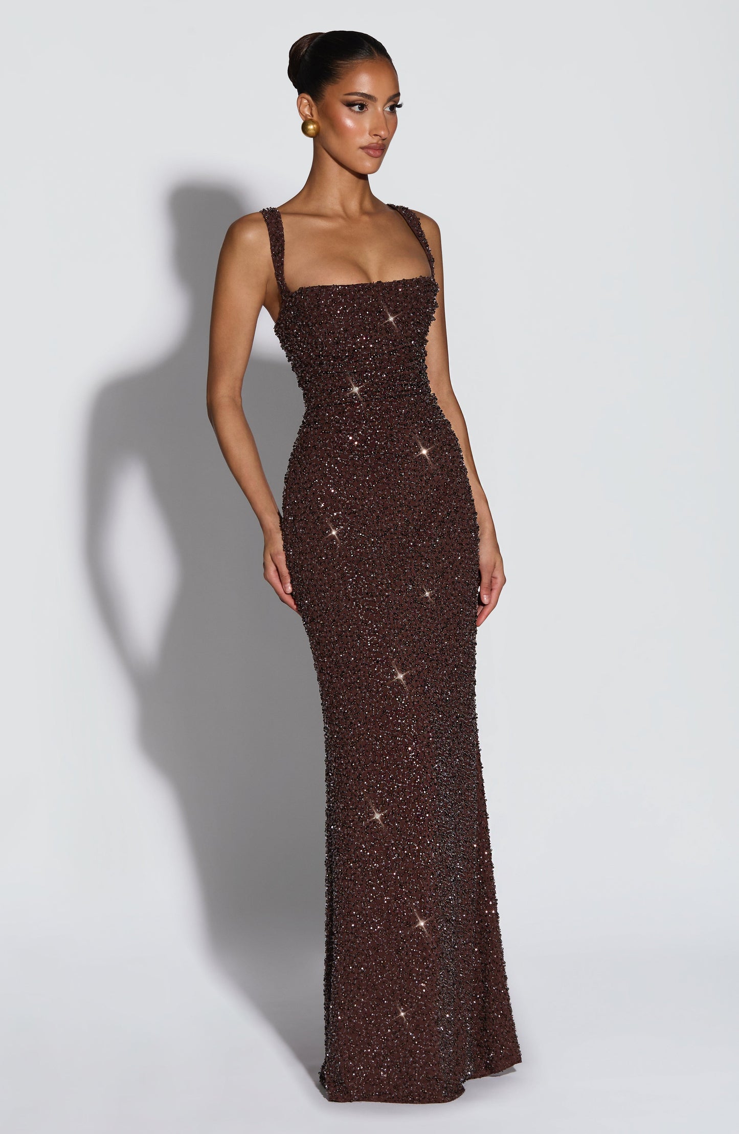 Calanthe Maxi Elbise – Işıltılı Mürdüm Kahve