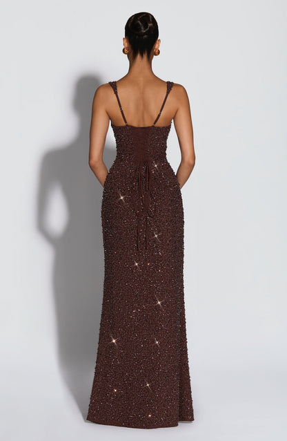 Calanthe Maxi Elbise – Işıltılı Mürdüm Kahve