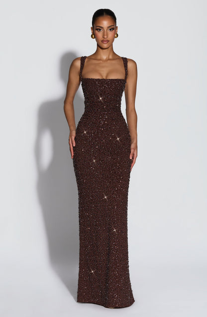 Calanthe Maxi Elbise – Işıltılı Mürdüm Kahve