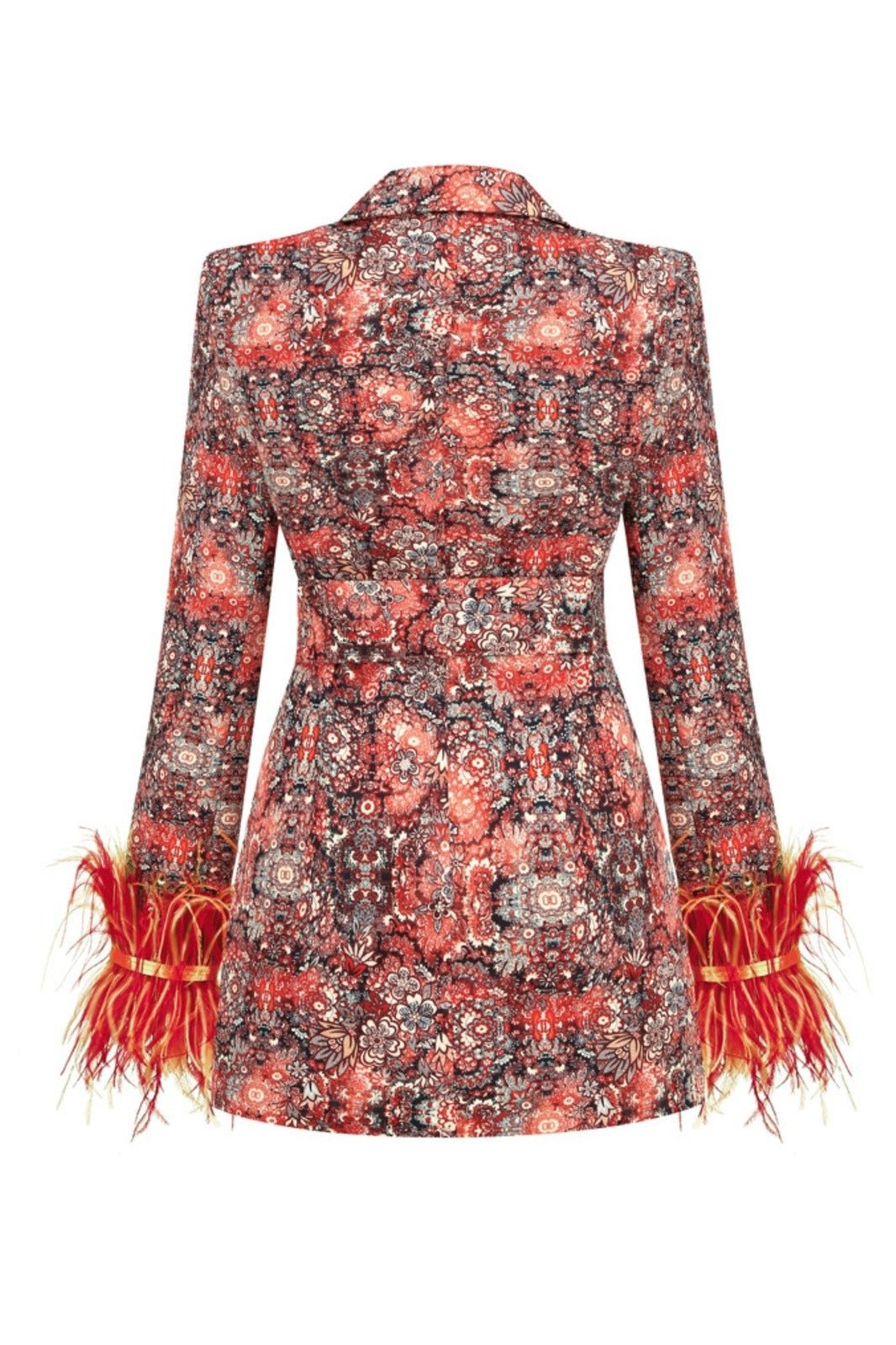 Baskılı Tüylü Kemerli Mini Blazer Elbise