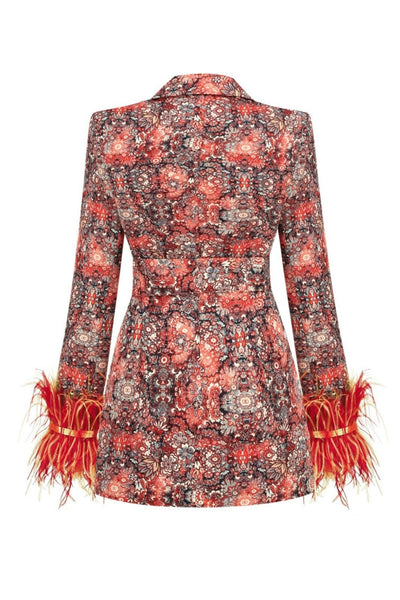 Baskılı Tüylü Kemerli Mini Blazer Elbise