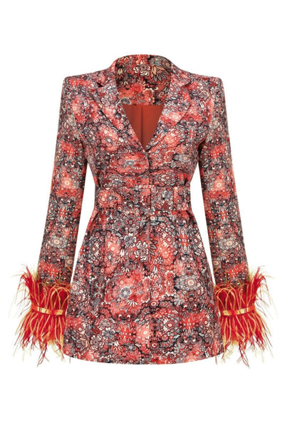 Baskılı Tüylü Kemerli Mini Blazer Elbise